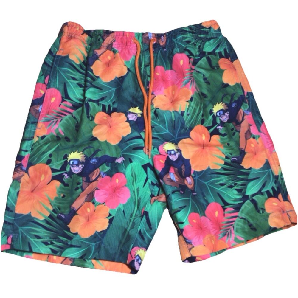 Naruto Men’s 7” Swim Shorts - Size Medium - Elastic Waist, 3 Pockets, Multicolor